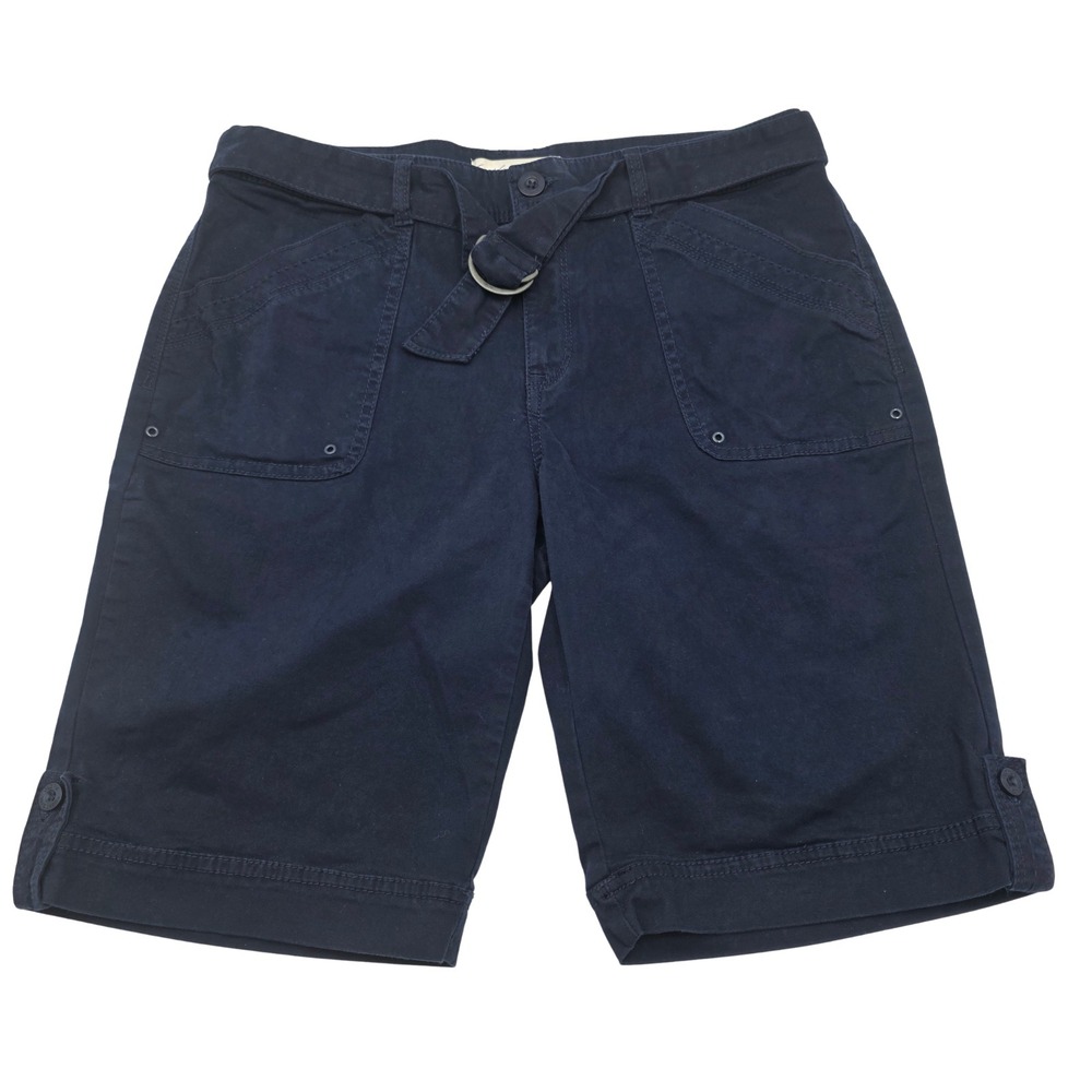 Gloria Vanderbilt Khaki United Navy Bermuda Shorts Womens Size 10 Stretch Belted